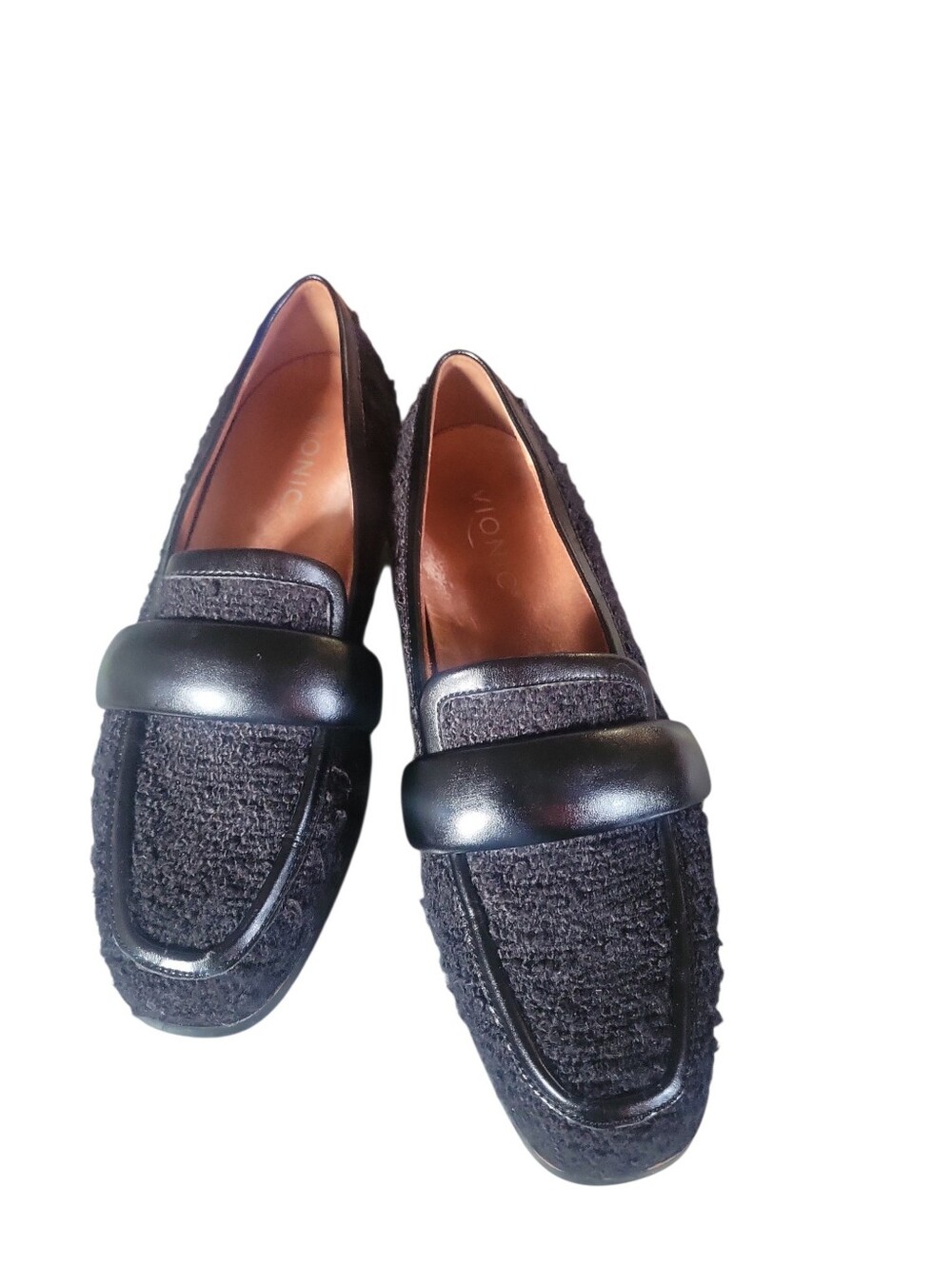 Vionic Mylene Black Women's Tweed Slip On Loafers with Leather Padded Puff Strap